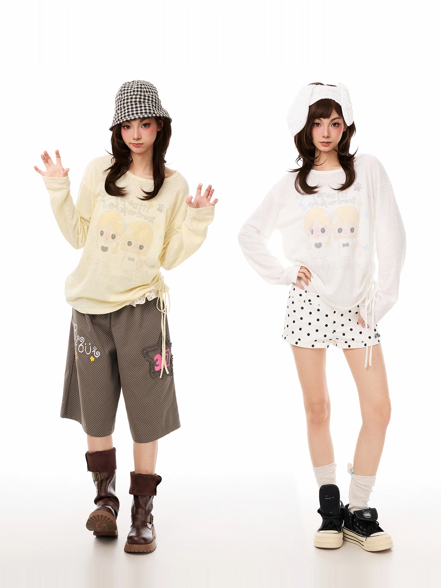 PBB Cartoon Doll Long Sleeve T-Shirt Women's Slimming Apy Style Age Reduction Pleated Micro Transparent Air Conditioning Cove...