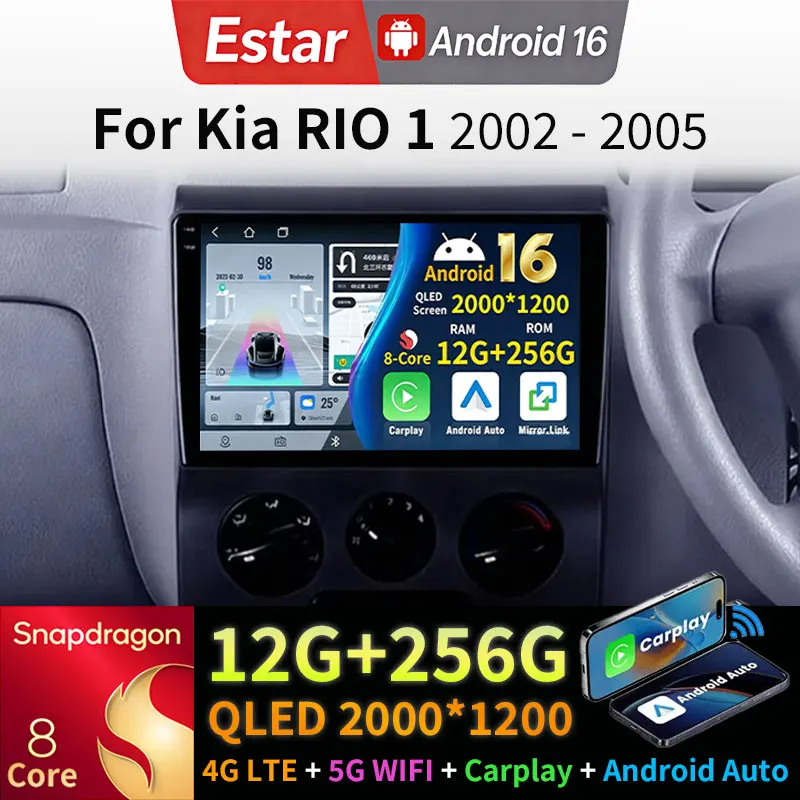 Radio para Auto Android 16 para Kia RIO 1 2002-2005, Carplay, Estéreo, GPS, Reproductor Multimedia, Navegador, Unidad Principal QLED 2din, 4G LTE, 5G WIFI