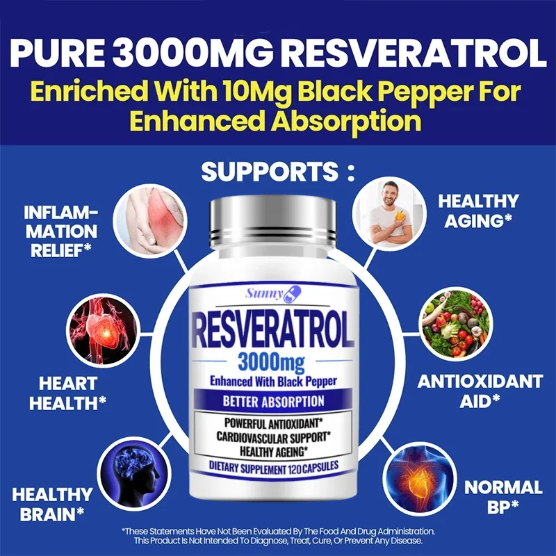 Natural Resveratrol Antioxidant Supplement - Balances Body Energy, Skin Cell Health, Improves Brain Function and Immune System