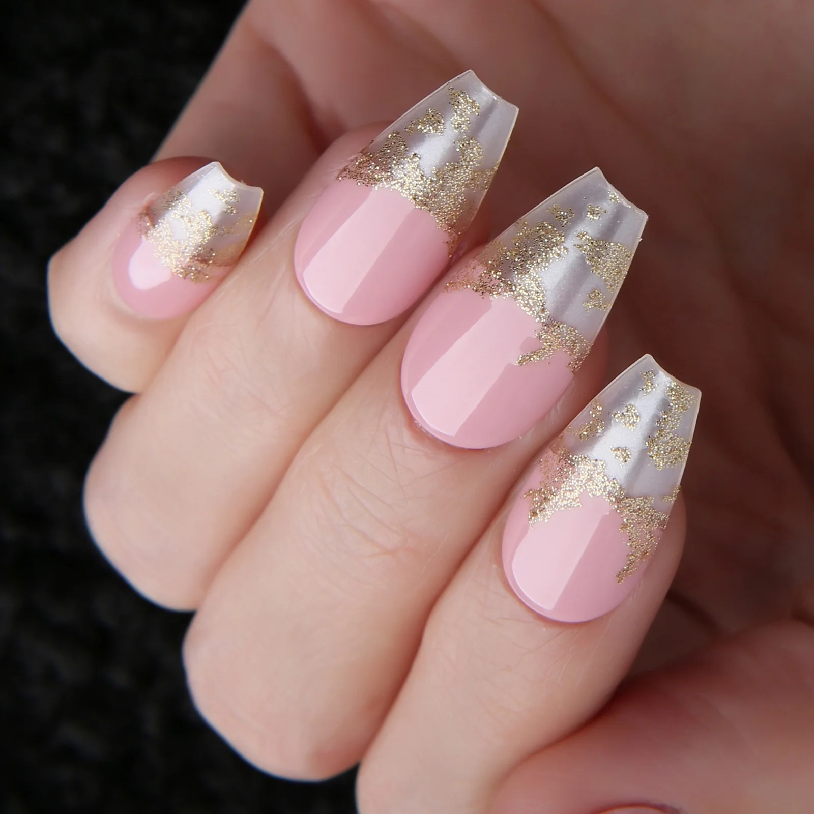 Coffin Pink False Nails Glitter Clear French Press On Nails Fake Nail Natural 28pcs Ballet Reuse Acrylic Gold leaf Bridal press