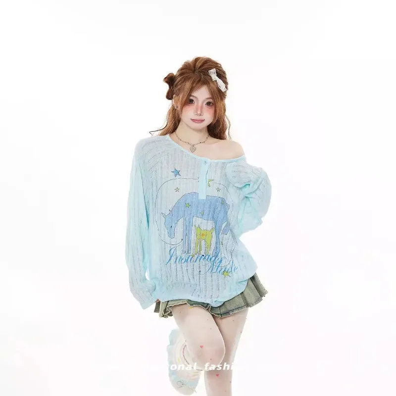 Women's Cartoon Horse Print Long Sleeve T-shirt Loose Sheer Sun  Cover Top