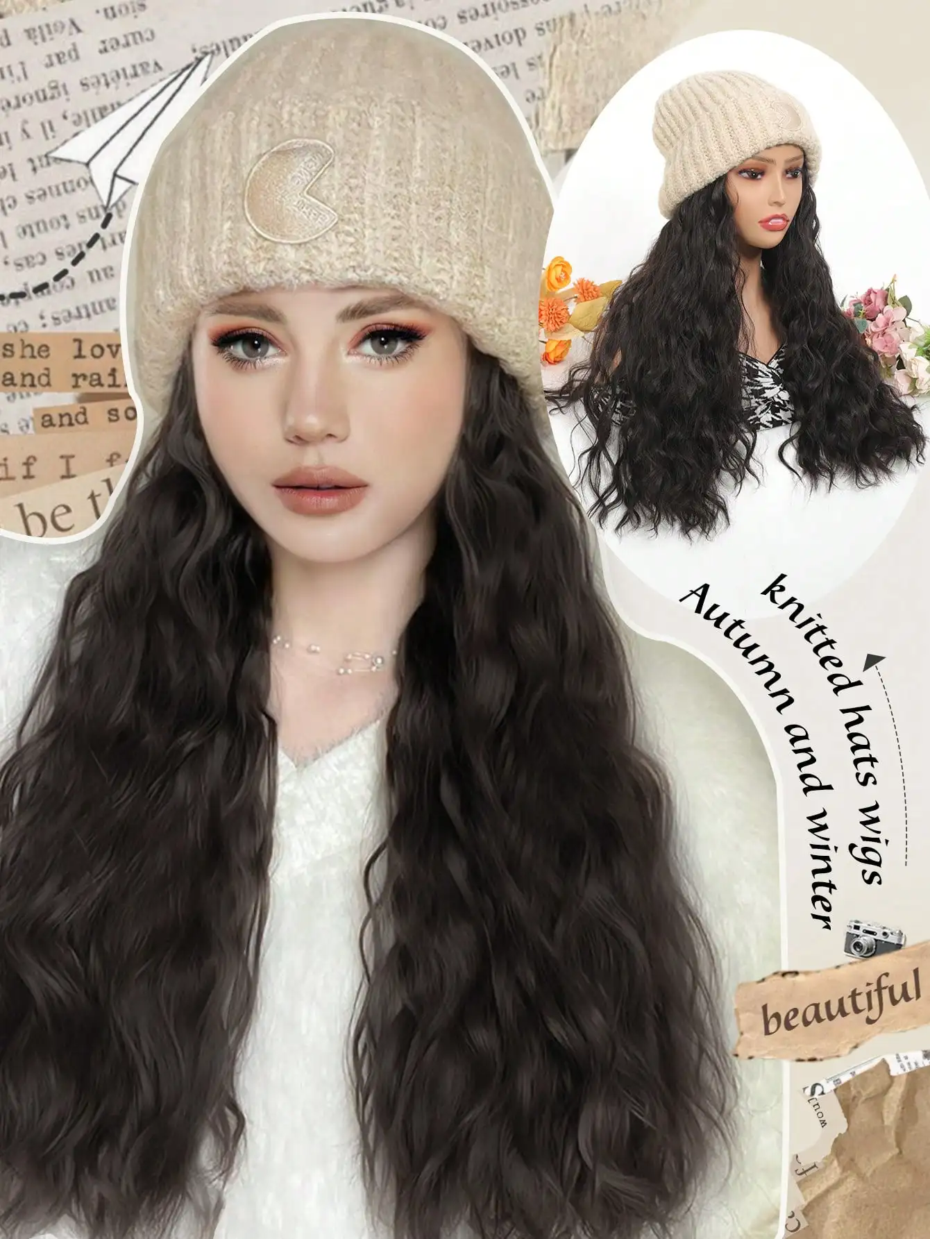 Synthetic Knitted Hat Wig For Women Long Wavy 16inch Black-brown Hair Warm Soft Knitted Autumn Winter Cap Heat Resistant Wig