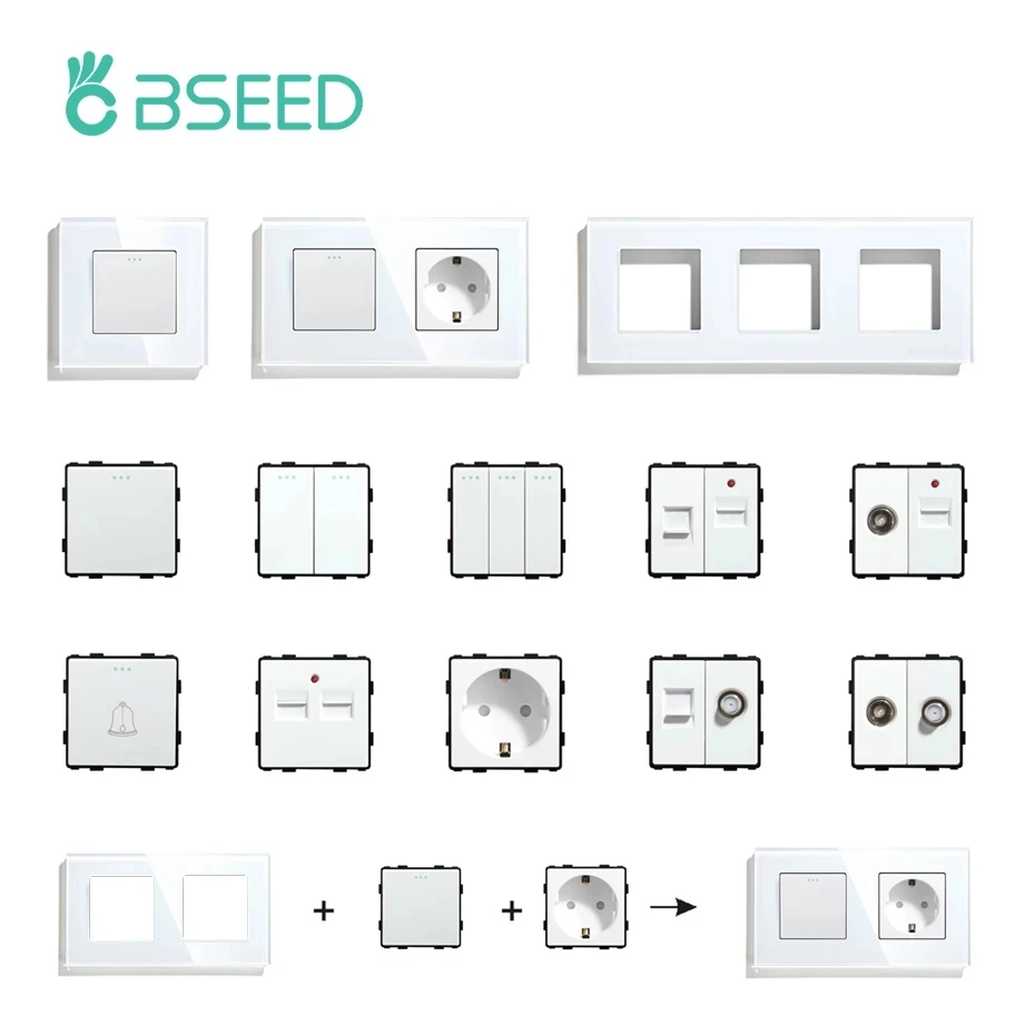 BSEED White Switches Sockets DIY Module Parts Glass Frames Function Key For TV TEL USB ST HD Power Socket Free Assemble Modules