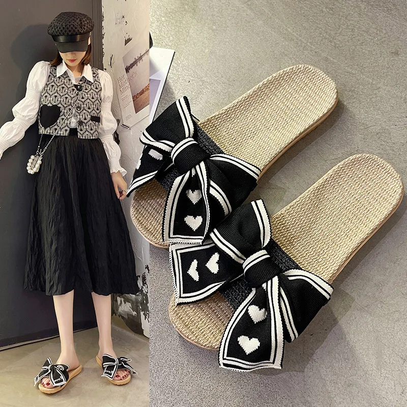 Shoes Woman's Slippers Low Slides Butterfly-Knot 2024 Massage Summer Fabric Butterfly-knot Hoof Heels Hemp PU Home Slippers Wome