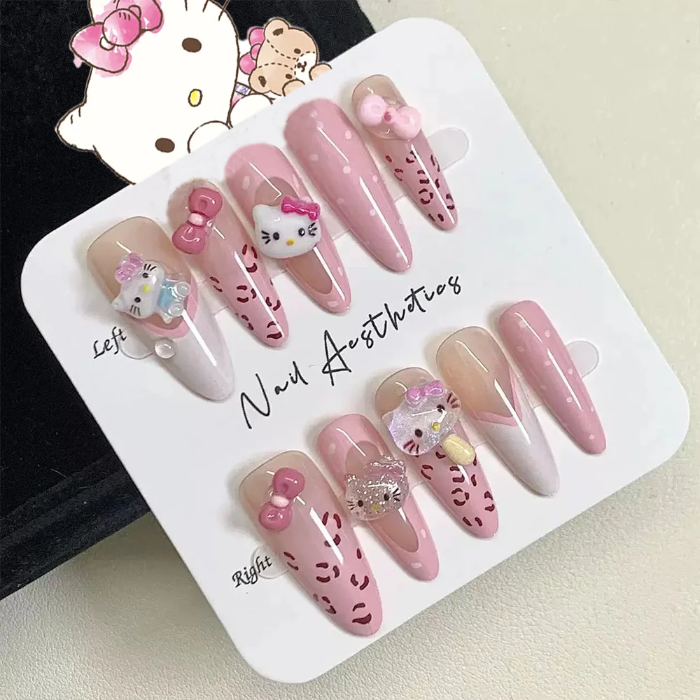 30/24Pcs 3D Hello Kitty Press On Nails Pink Leopard Bow Y2k fake nails Cartoon Nail Tips Sweet Girl Fashion Wearable False Nails