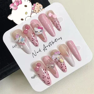 30/24Pcs 3D Hello Kitty Tekan Pada Kuku Merah Muda Macan Tutul Busur Y2k Kuku Palsu Kartun Kuku Tips Gadis Manis Fashion Wearable Kuku Palsu 10 kuku bermotif macan tutul dengan penjualan terbaik - №