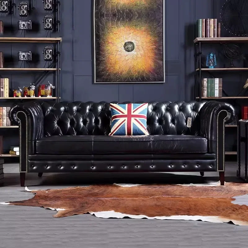 

American industrial pull-button sofa retro style Nordic oil wax leather sofa export foreign trade living room first layer