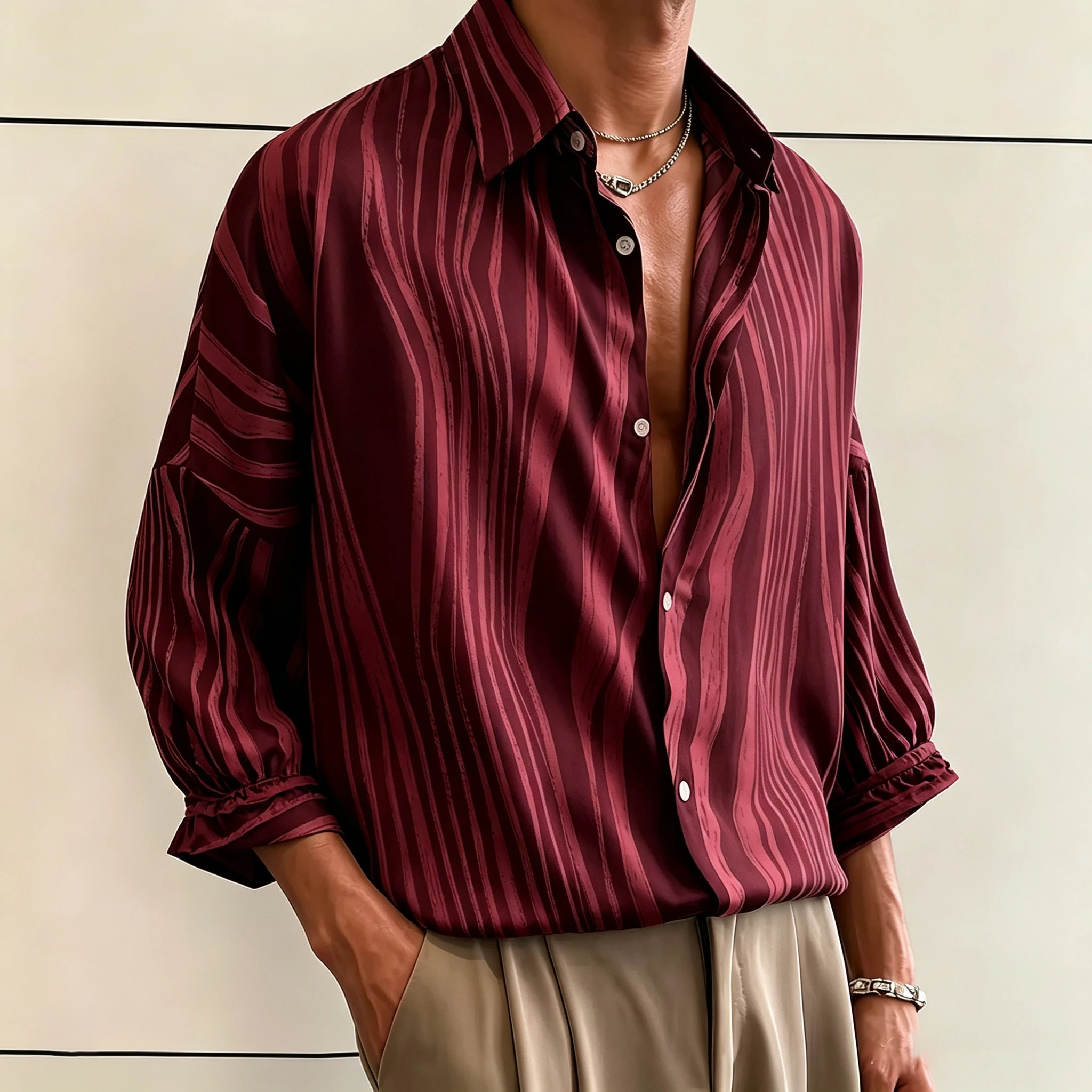 Retro-style all-over print men's long-sleeved shirt, high-elasticity, relaxed style, versatile and trendy top for commuting.