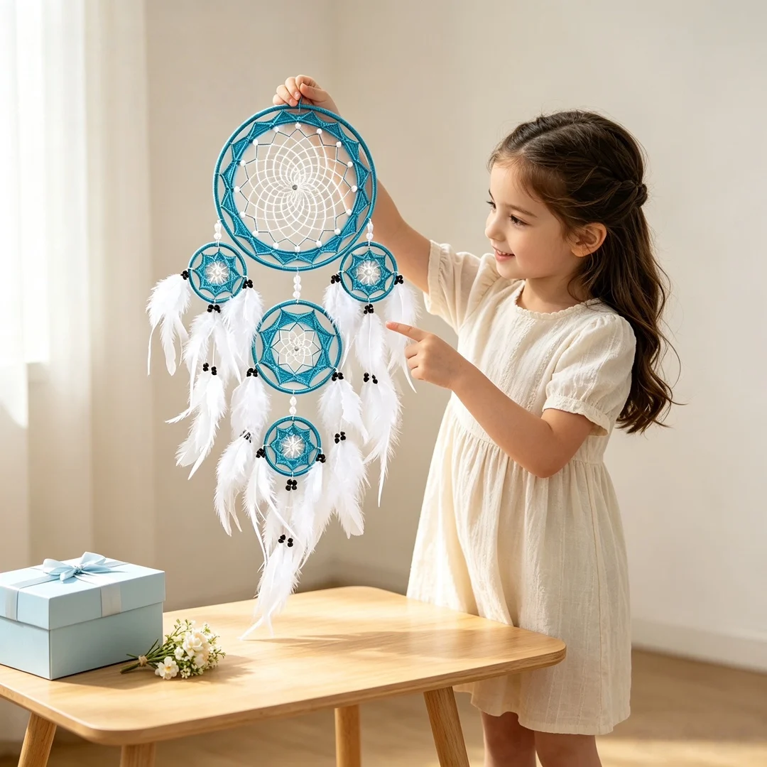 Multi‑ring Handmade Dreamcatcher White Feather Wall Hanging Ornament Boho Home Bedroom Wall Decor Art Gift for Festival.