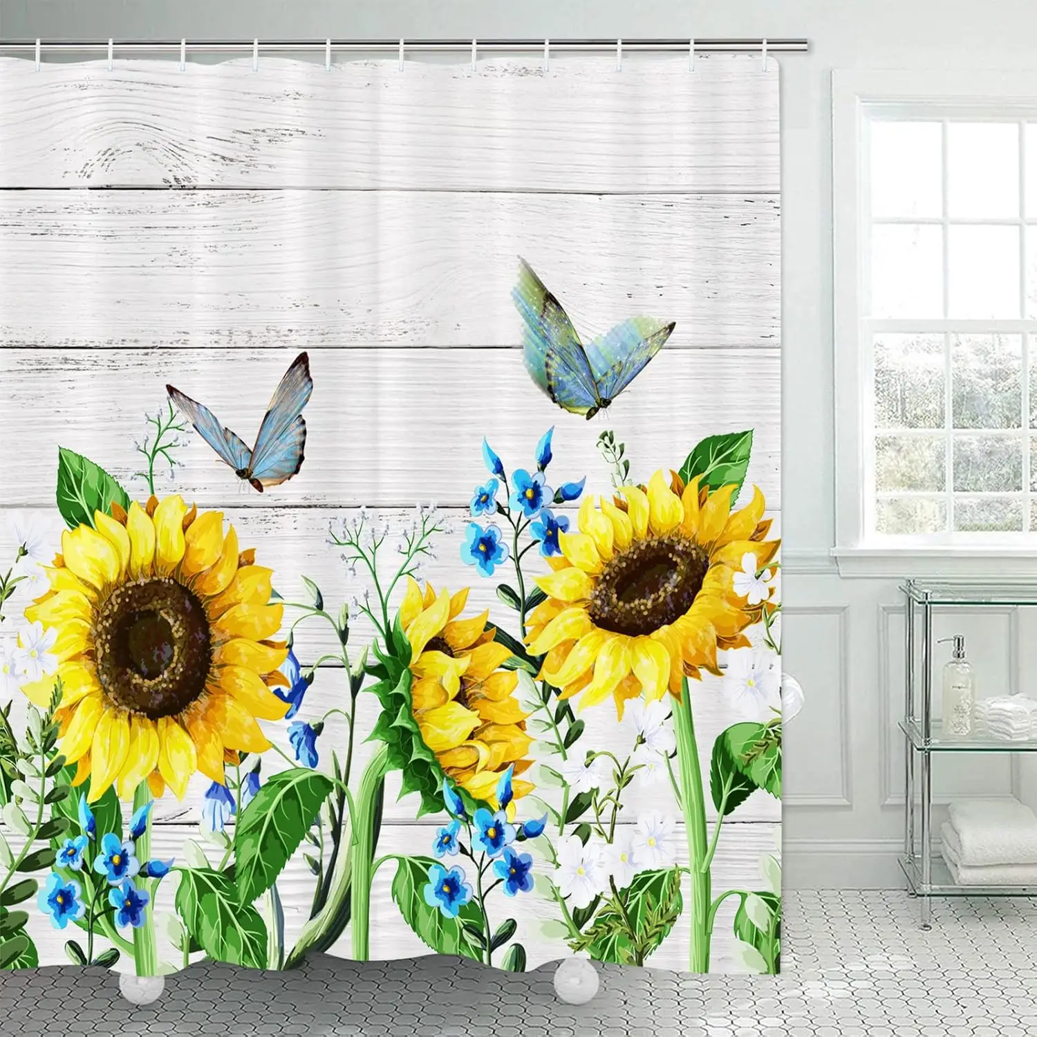 

Sunflowers Blue Butterflies Wood Wall Shower Curtain Rustic Farmhouse Print for Bathroom