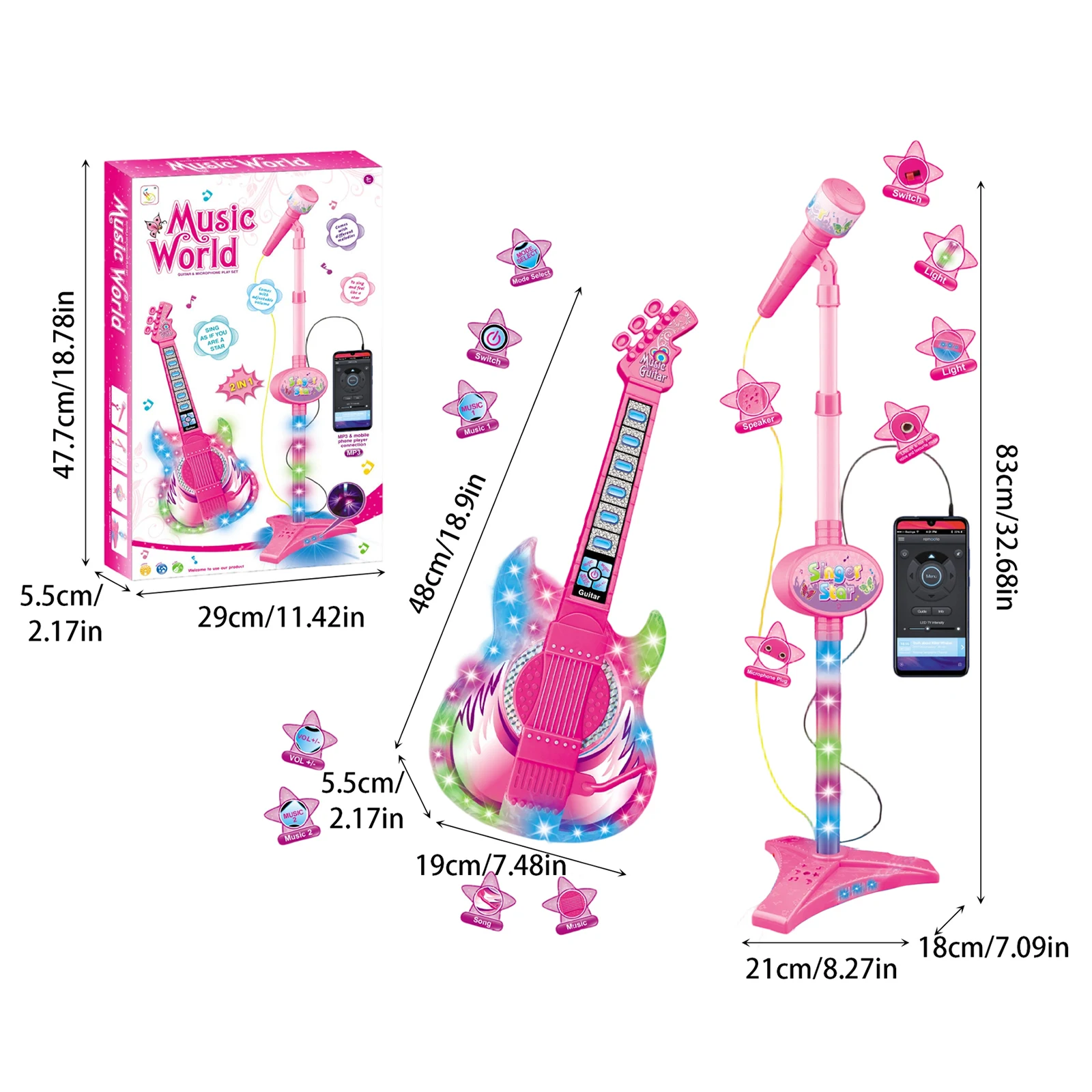 Electric Guitar and Microphone Set for Kids,Guitar Toys with Music & Colorful Light, Adjustable Height Microphone with Stand