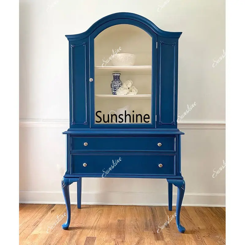 American-style country-style solid wood carved sideboard vintage high-end blue entryway