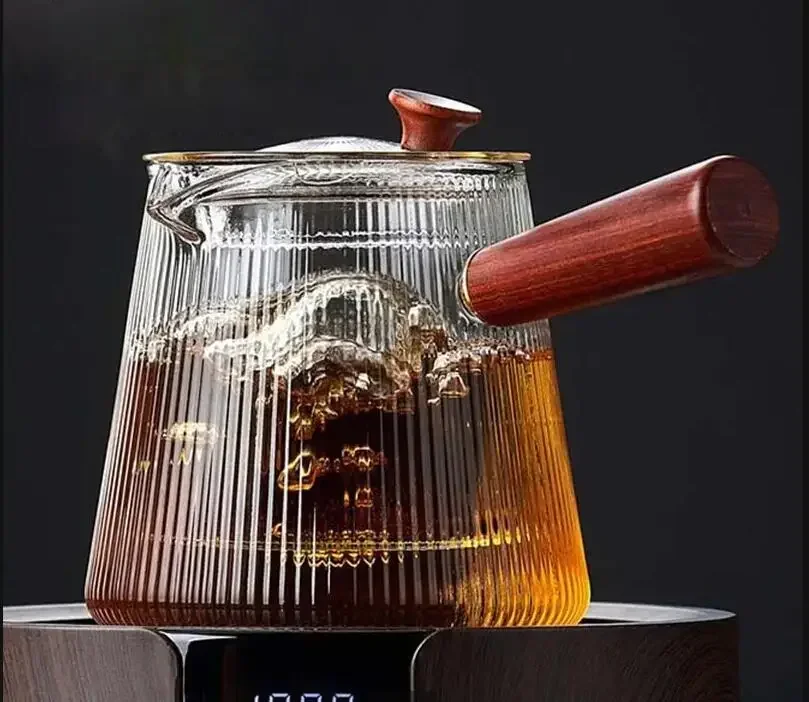 Glass Teapot with Removable Clear Infuser Sandal Wood Handle Stove & Microwave Safe Borosilicate Kettle 500ML 800ML