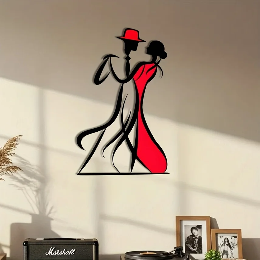 Couple Ballroom Dancing Metal Wall Art, Waltz Dancers Silhouette Solid Iron Metal Wall Decor, Color Painted Red White Vertical