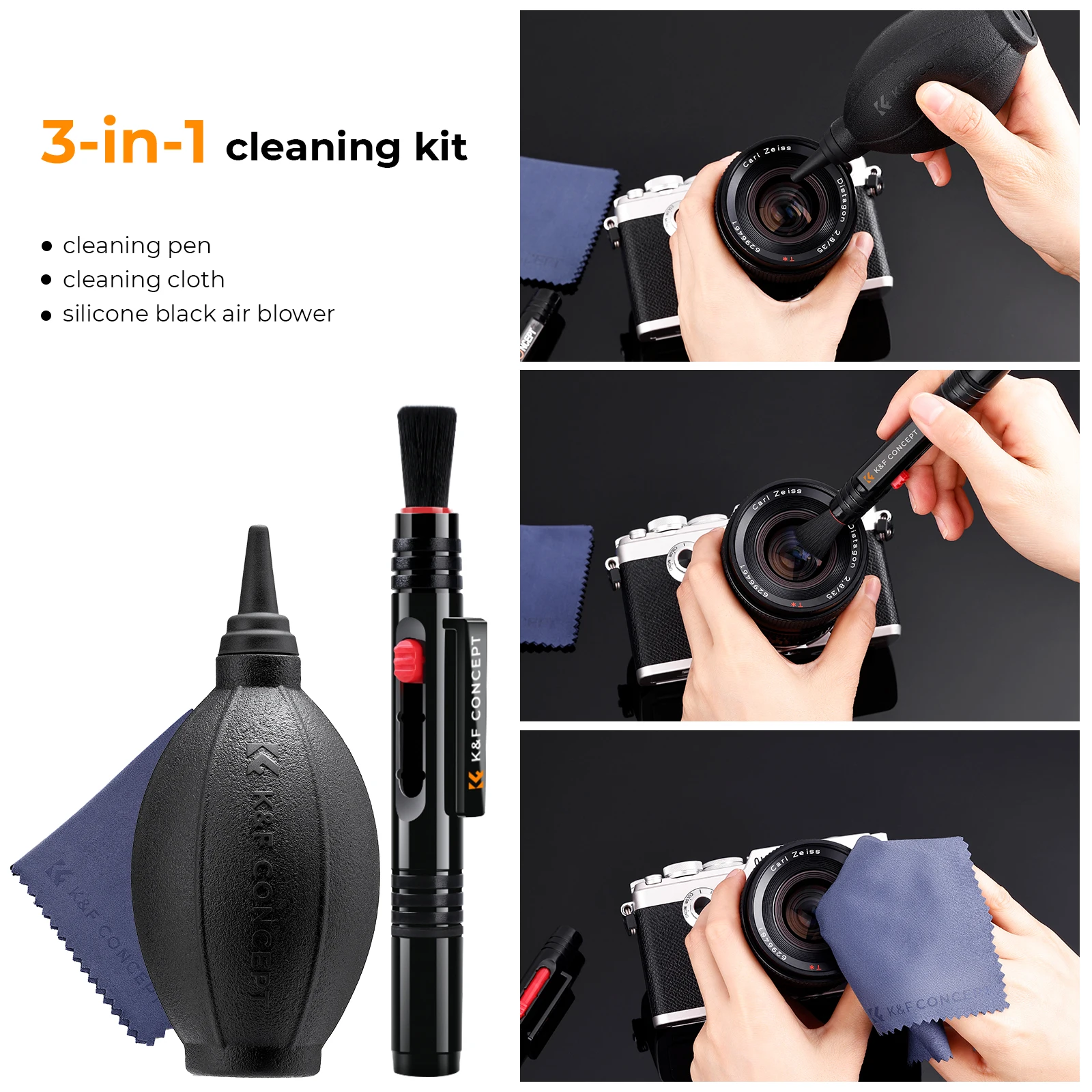 K&F Concept Kit de limpeza de câmera 3 em 1 com caneta pincel de lente Rocket Air Blower Kit de limpeza de pano de microfibra para lente de câmera LCD