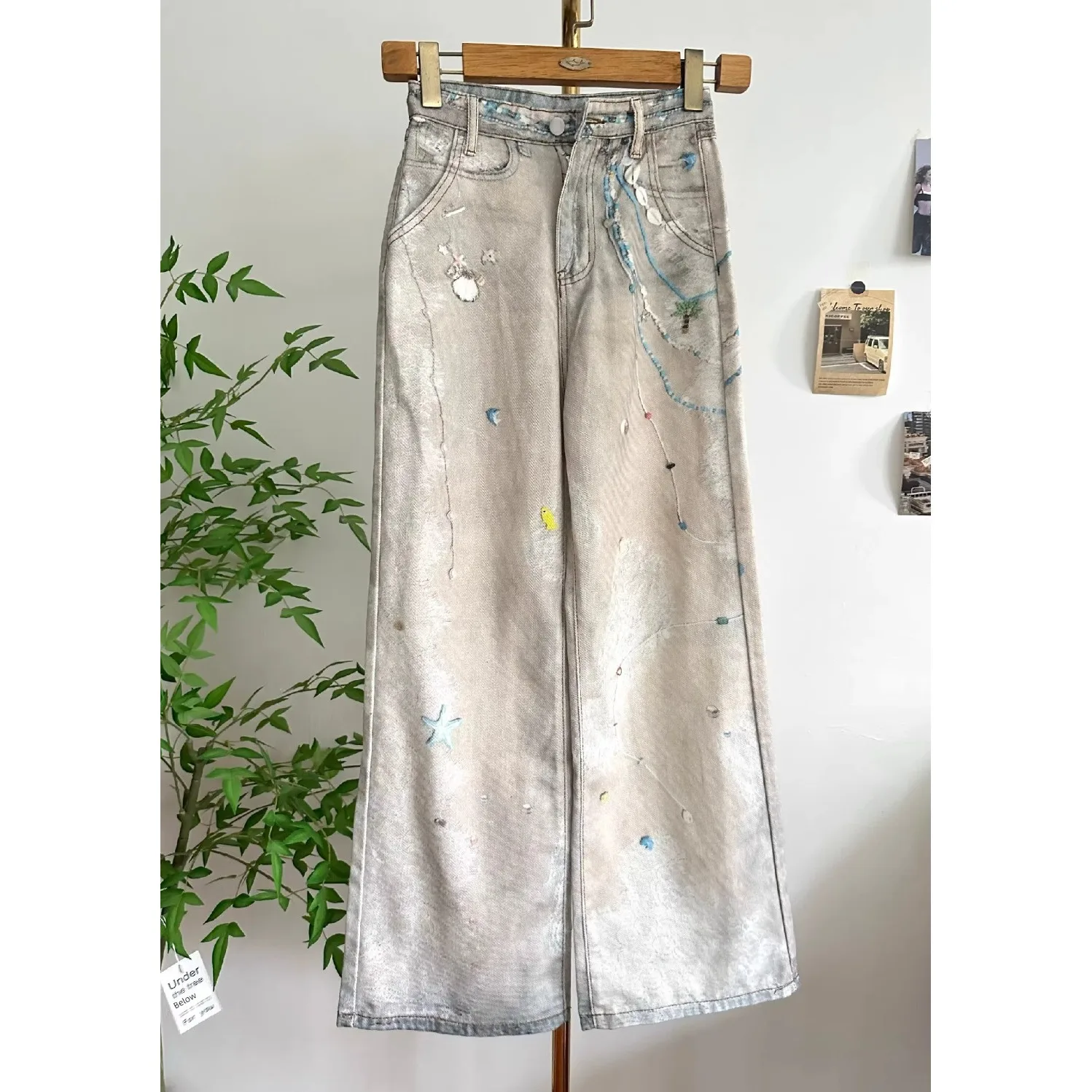 شل طباعة المتعثرة غسلها الجينز Y2K فضفاض الصيف المرأة صالح التخسيس واسعة الساق StraighPaants الأمريكية خمر حفرة الشاي #1