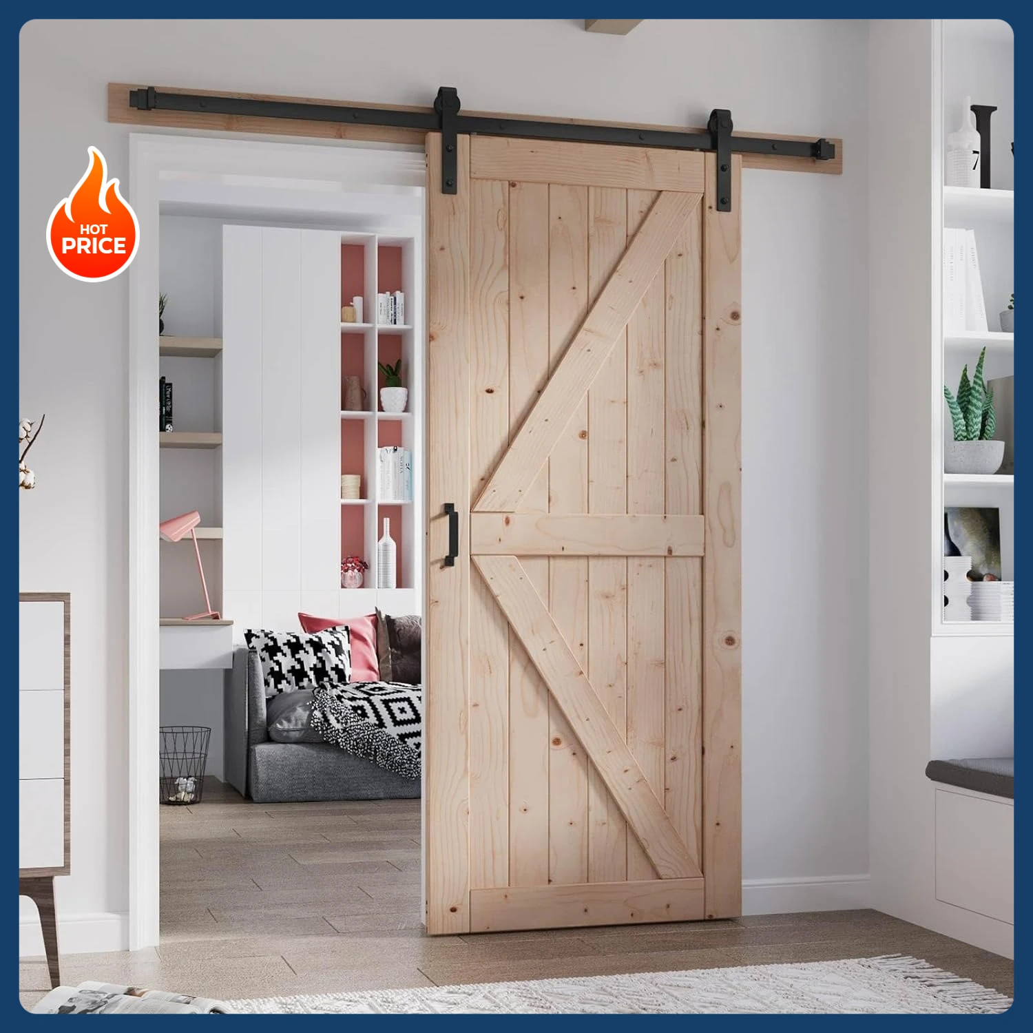 [شحن مجاني! ][مخزون محدود! ] باب الحظيرة الخشبي مقاس 36 بوصة × 84 بوصة مع مجموعة أدوات باب الحظيرة بطول 6.6 أقدام متضمنة لوحة من خشب التنوب الصلب على شكل K