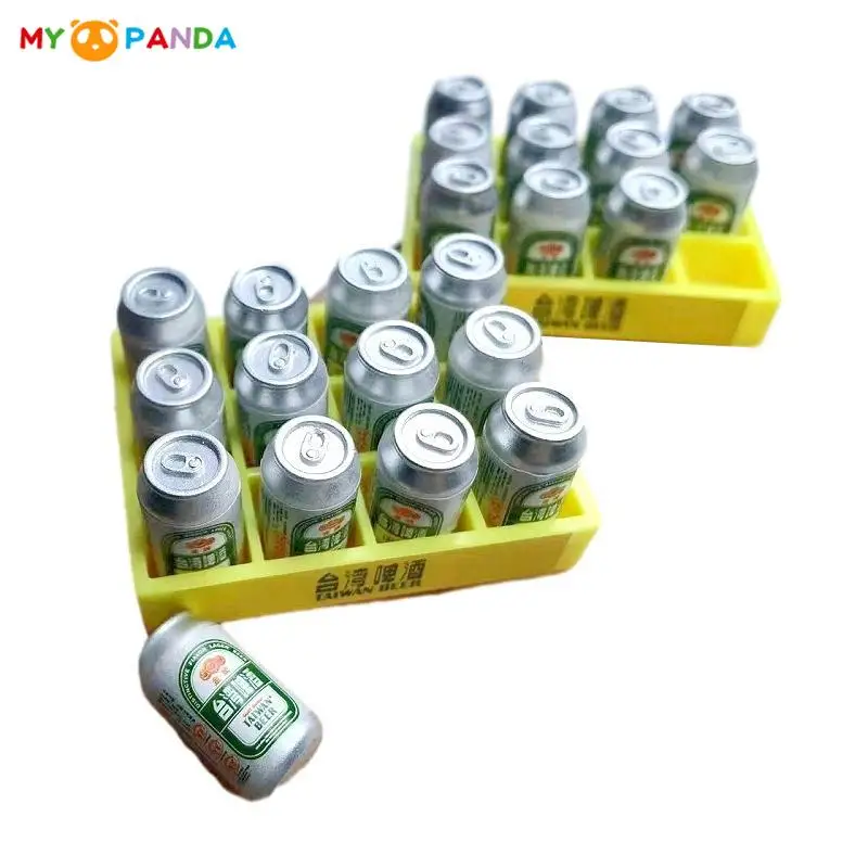 1Set 1:6 Dollhouse Miniature Beer Can Mini Drink Bottle With Basket Kitchen Model Doll House Scene Decor Toy Accessories