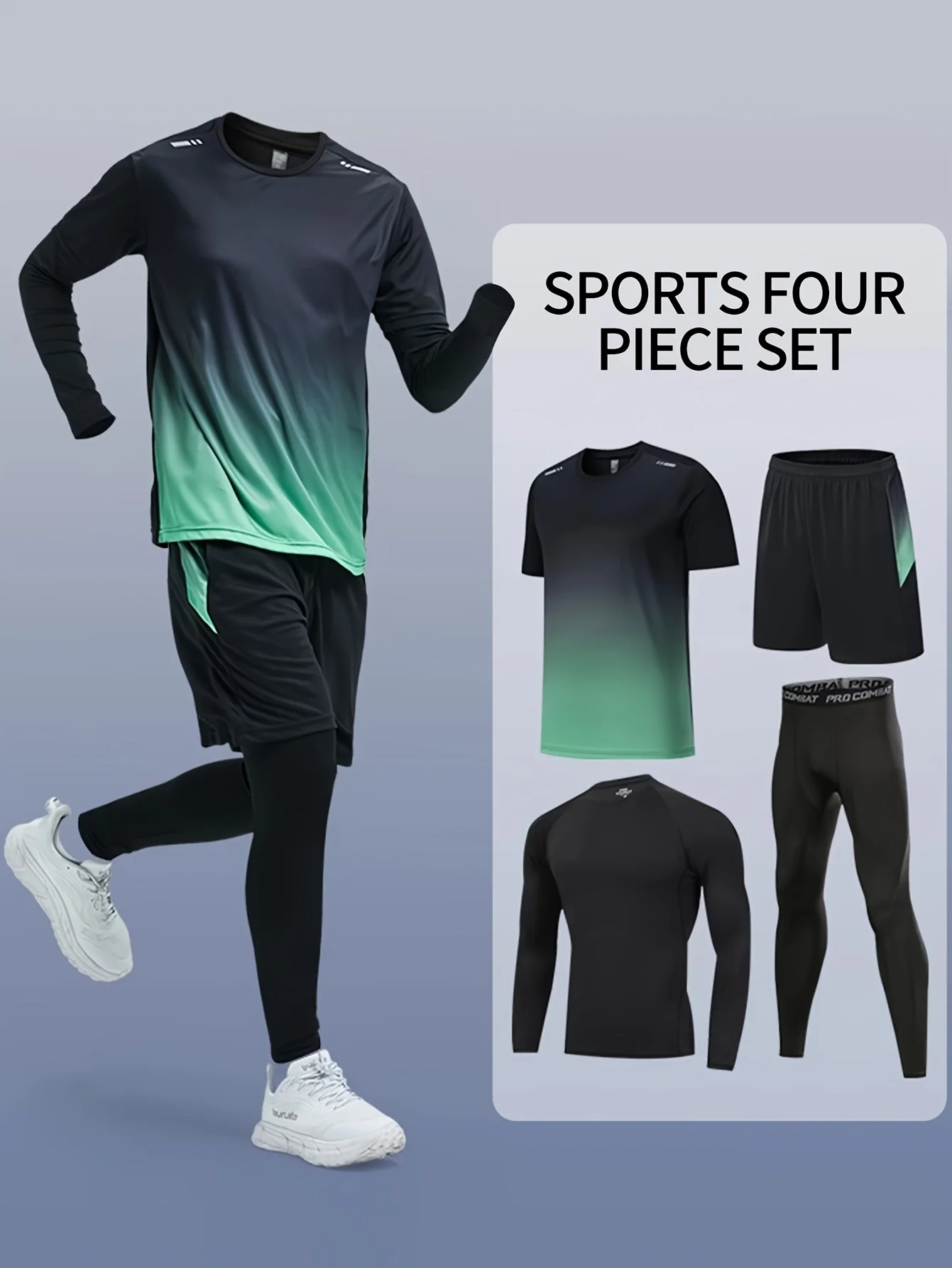 Men's Sports 4pcs Set, High Stretch Gradient Color T-shirt + Active Shorts + Leggings + Long Sleeve Compression Shirt Matching S