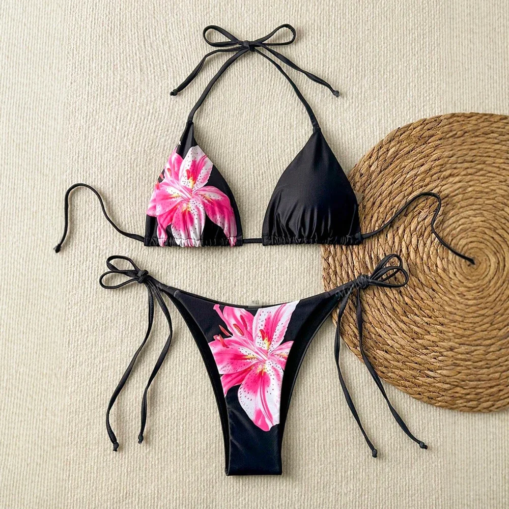 

CPSYMYM Bikinis Set Summer Fashion Sexy Sleeveless Halter Neck Floral Thong Beach Style Bikinis Set For Women