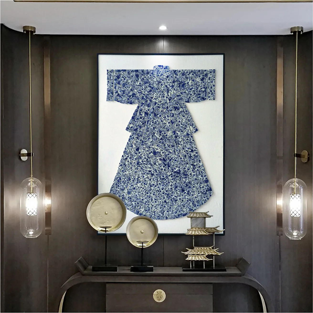 New Chinese-style physical decorative paintings, modern-style handmade paintings, blue and white porcelain patch physical