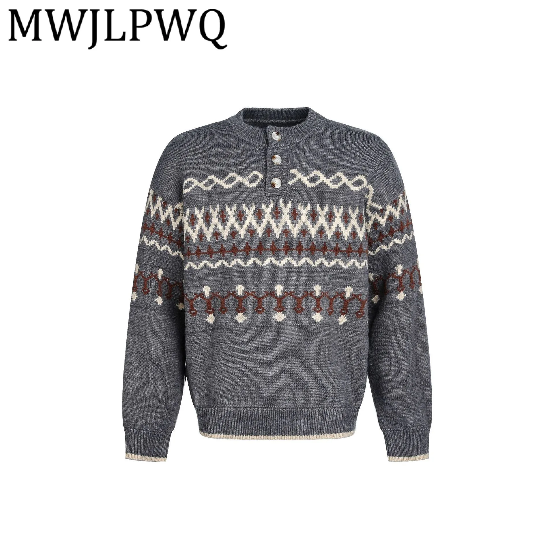 MWJLPWQ модный новый американский жаккардовый узор вязаный пуловер свитер мужской High Street на пуговицах свободные повседневные топы 2023 зима 21536