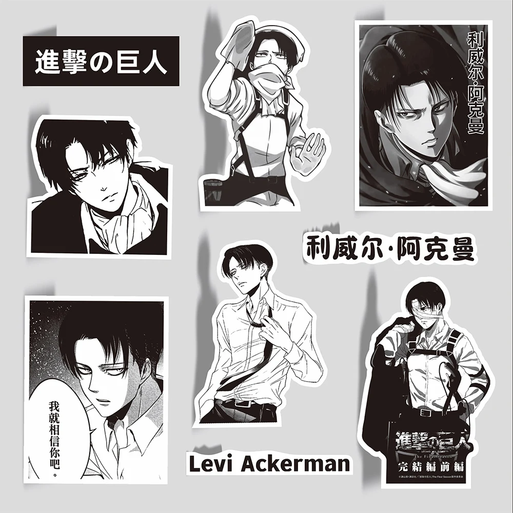 10/30/65Pcs Anime Aanval Op Titan Levi Ackerman Stickers Zwart Wit Stickers Motorfiets Laptop Auto Klassiekers Speelgoed Sticker Voor Kinderen