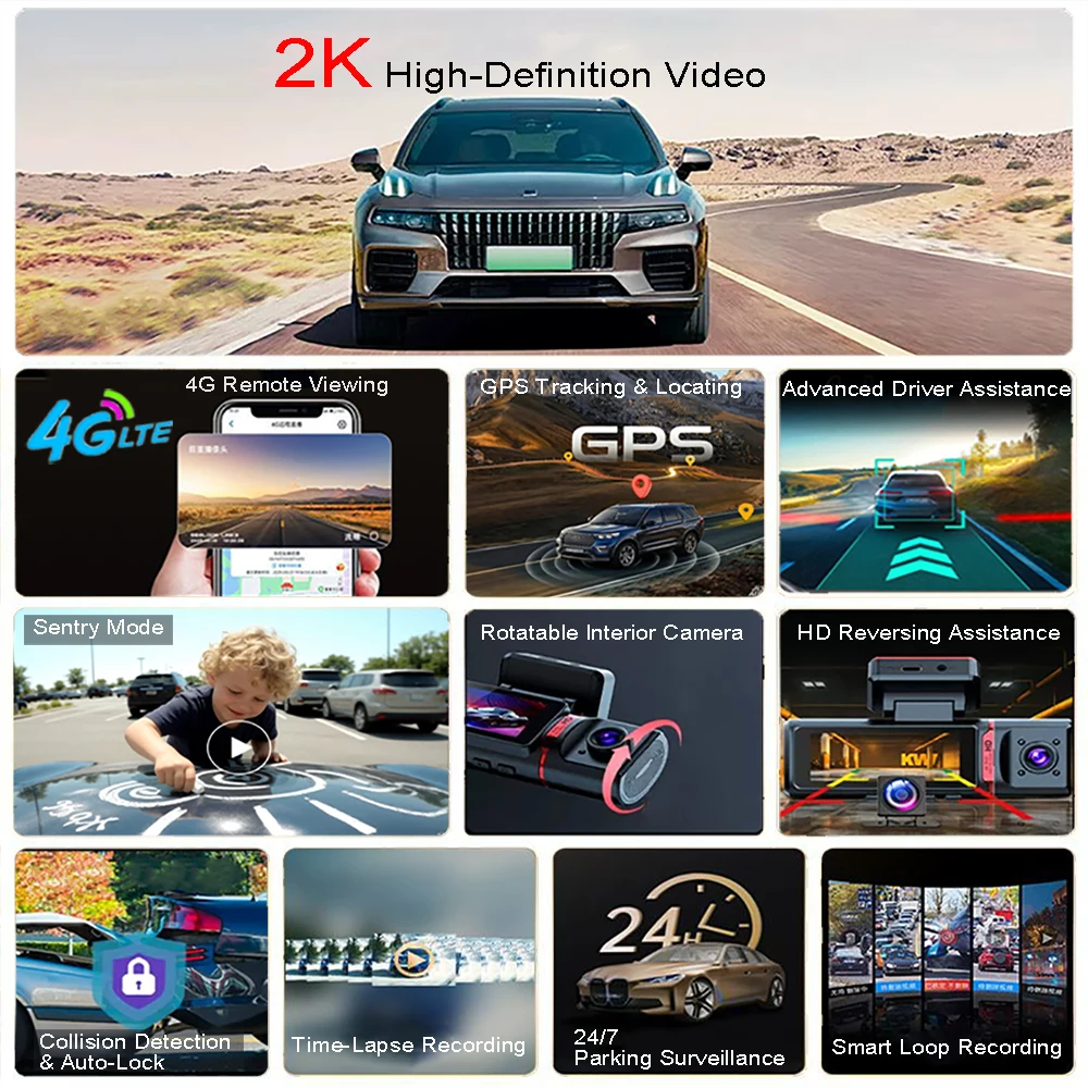 3CH 4G Hidden Dash Cam 2K RemoteSnap ADAS Sentry APP GPS Blind Spot Motion G-Sensor 24H Parking Time Lapse Loop Rec Night Vision
