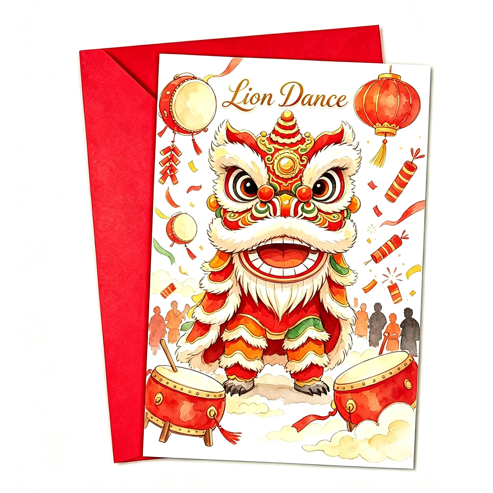 Watercolor Chinese New Year Lion Dance Red Lantern Firecracker Drum Cloud Greeting Card Lion Dance Wish Blank Note Card With Red