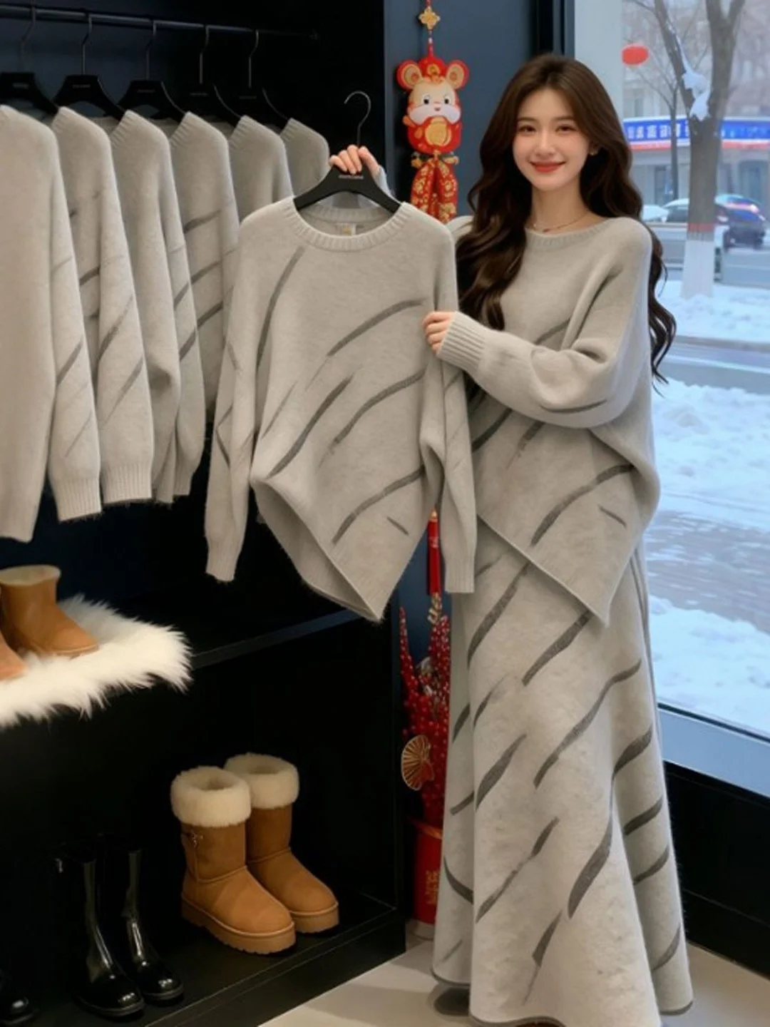 

Уникальный дизайн: вязаный комплект из свитера и юбки, асимметричный, из двух частей, весенний, модный, удобный, длинный свитер, с высокой талией, повседневный наряд