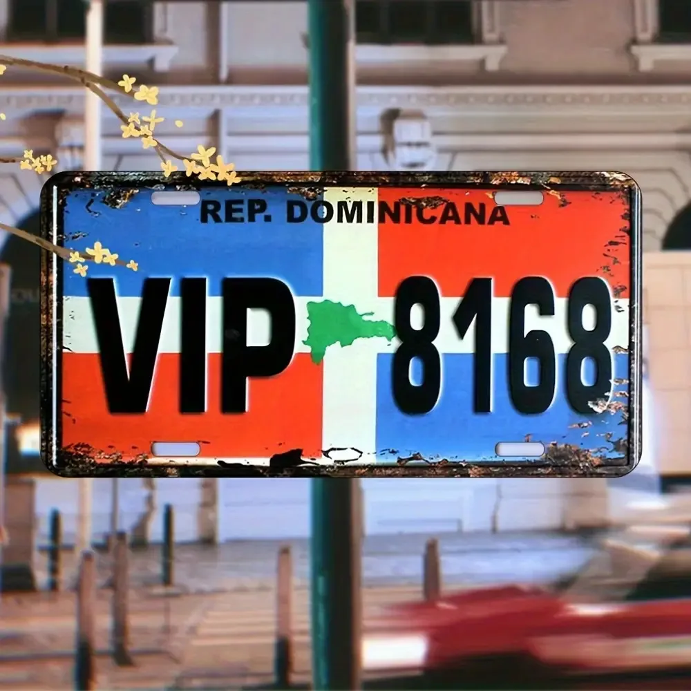 Vintage Dominican Republic Metal License Plate Waterproof Aluminum Wall Art with 'VIP' Design, Native Blue and Red Background