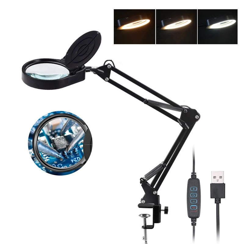 Lámpara de aumento LED con abrazadera, 3 modos de Color, brazo giratorio ajustable, lupa iluminada para lectura artesanal, trabajo cerrado