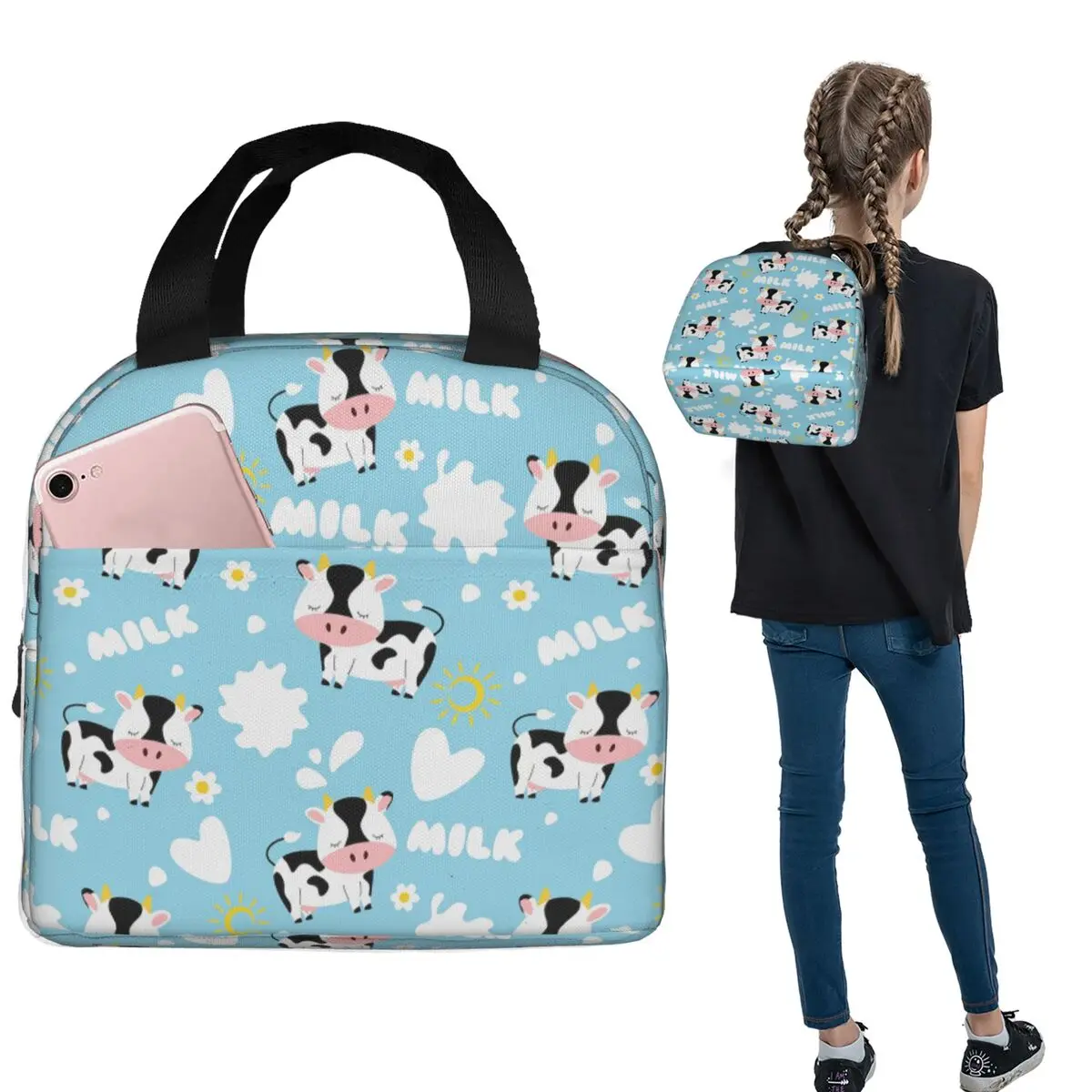 

Dairy Cow Lunch Bags Insulated Bento Box Waterproof Lunch Tote Leakproof Picnic Bags for Woman Kids Travel