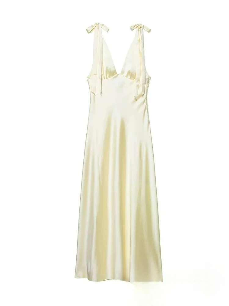 ชุดเดรสซาตินสำหรับงานปาร์ตี้ผู้หญิง KONDALA สไตล์เซ็กซี่เก๋ไก๋ สายเดี่ยวผูกโบว์ ทรงตรงยาว แฟชั่น 2025 ชุดราตรีออกงานกลางคืนสุดหรู