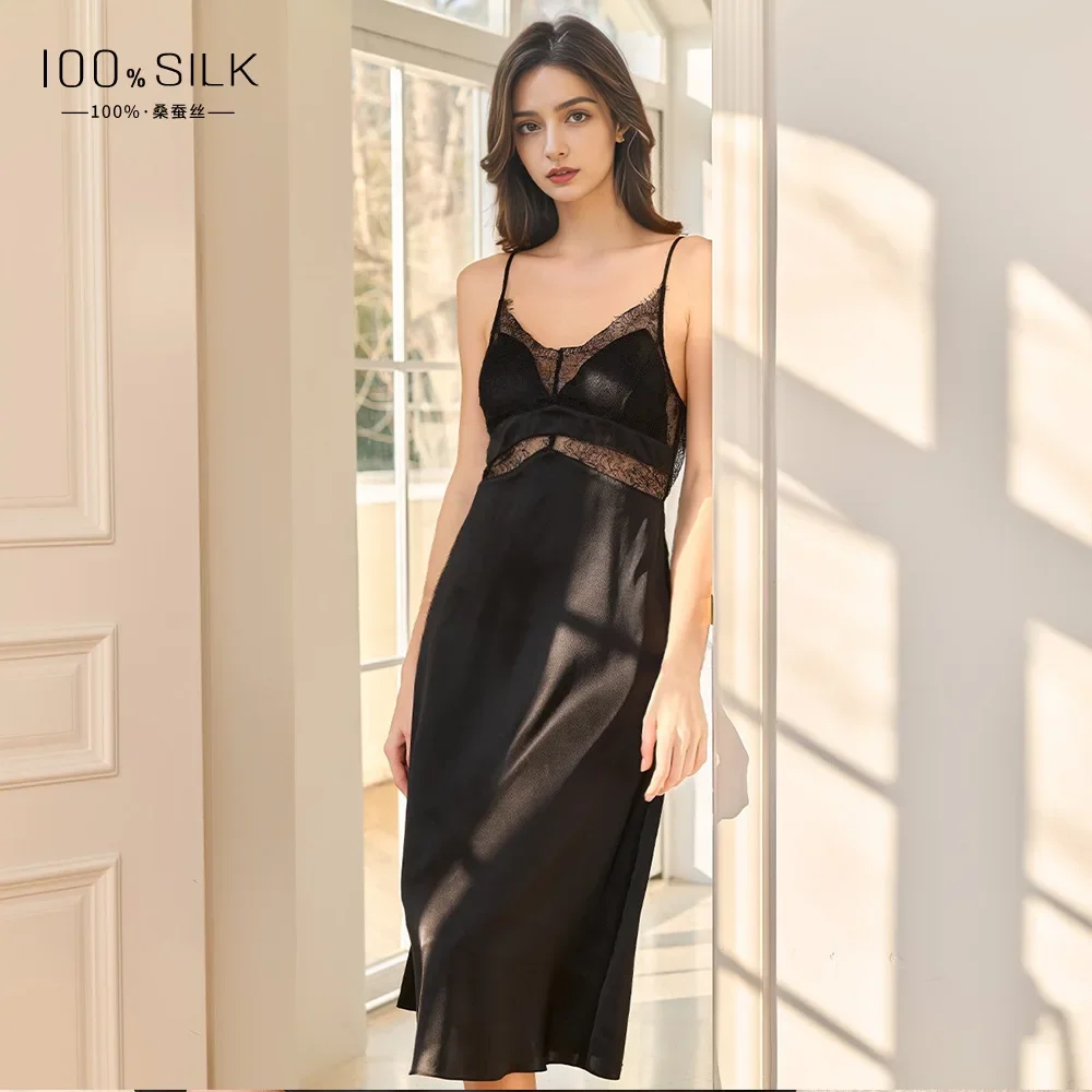 19MM 100% Real Silk Sexy Long Nightgown with Chest Pad Women Pajama Homewear Spaghetti Strap Dress Spring Summer Nigtdresshtdre