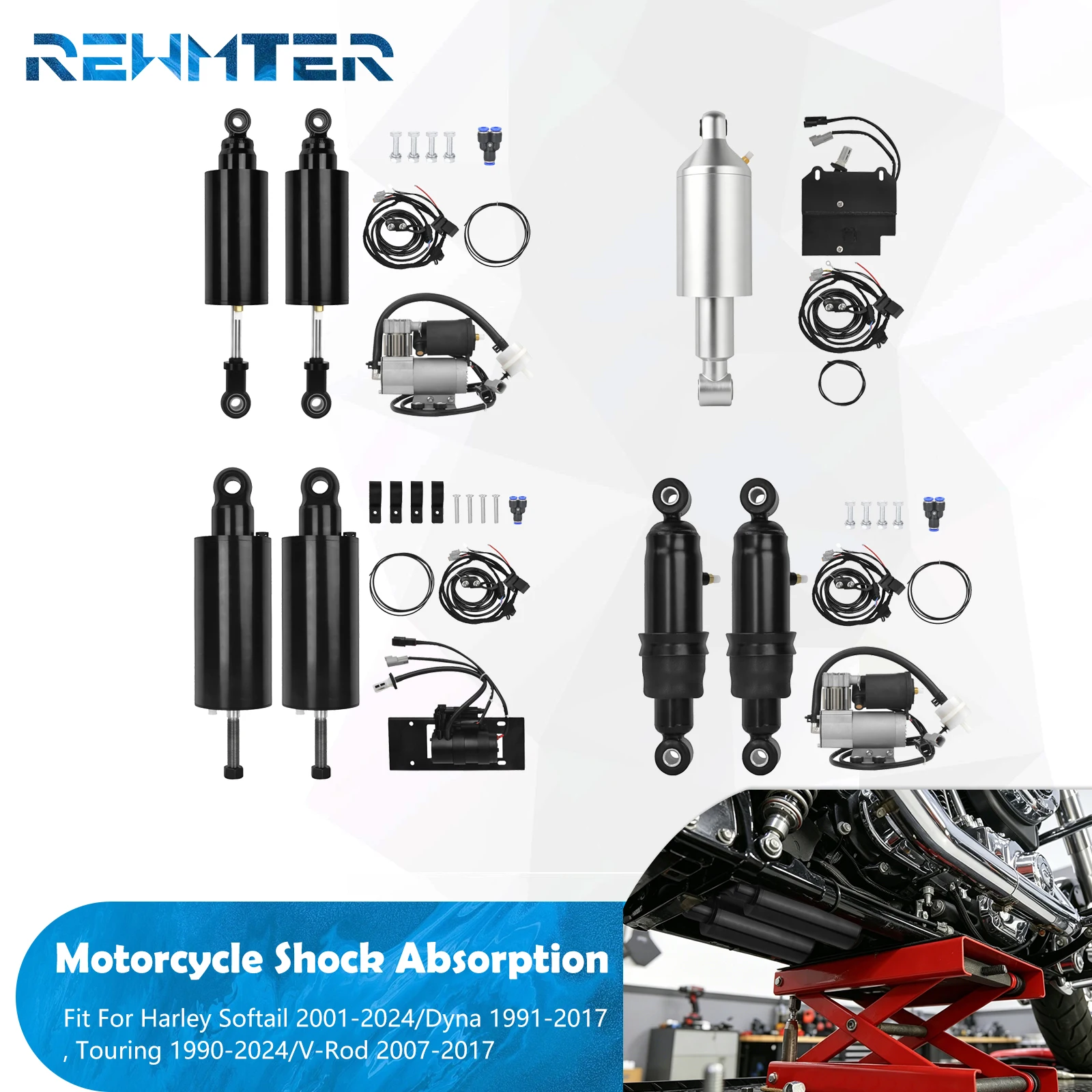 Motorrad-Luftfederungssystem Stoßdämpfer-Kit für Harley Softail Fat Boy 01-24, Dyna 91-17, Touring 90-24, V-Rod 2007-2017