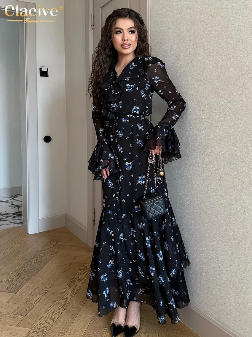 

Clacive Fashion Loose Print Women's Dress 2025 Vintage V-Neck Long Sleeve Maxi Dresses Elegant High Waist Pleated Female Dress