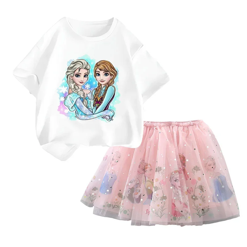 Disney Frozen Elsa Pretty T Shirt and Mesh Skirt Two Piece Tutu Skirt 2024 Summer Fashion Girl 3-14 Year Children Party Clothing