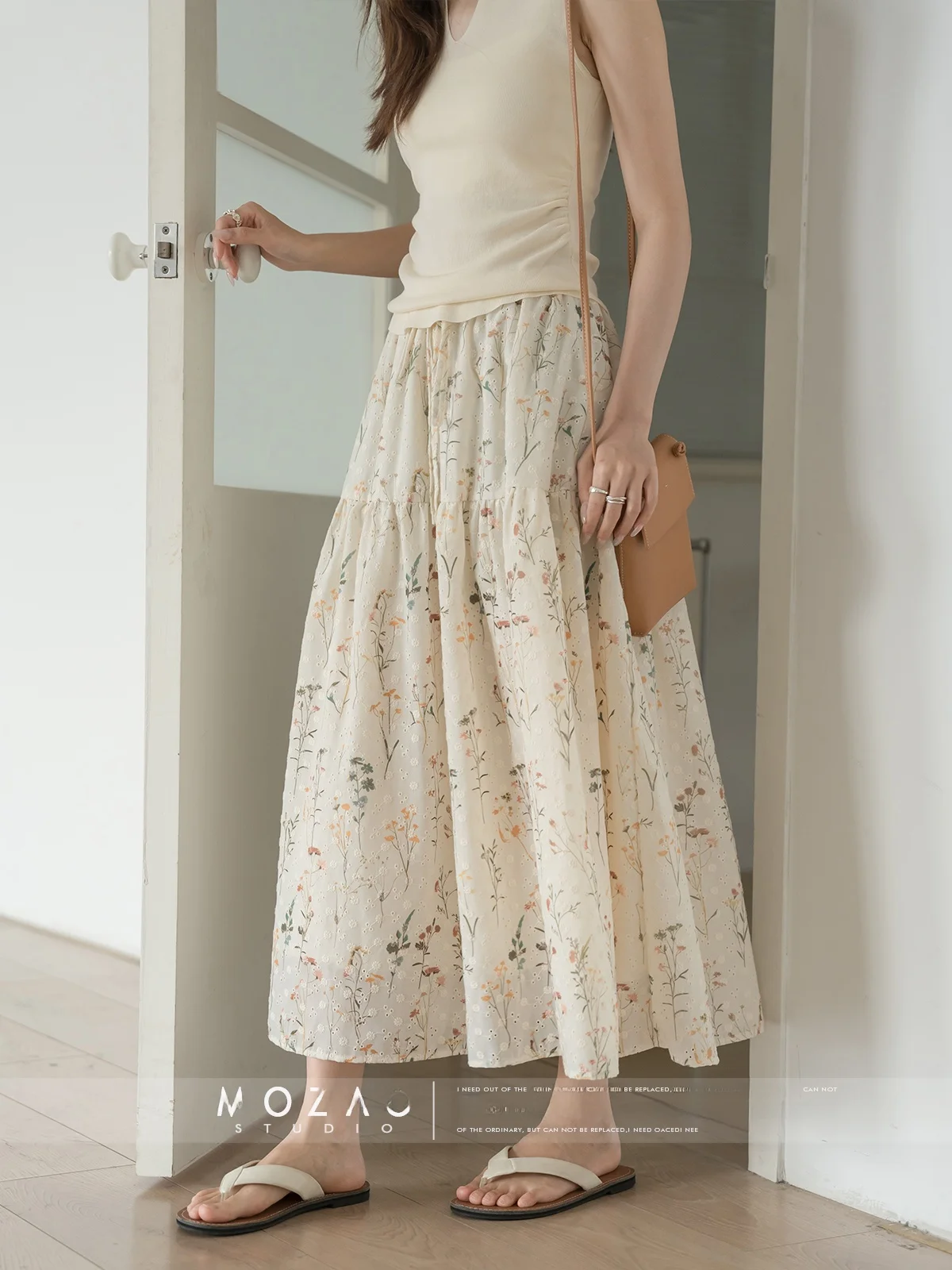 MoZao Gonna lunga drappeggiata in vita elastica con stampa floreale albicocca Gonna lunga a trapezio da donna Estate 2025 Vita alta Nuovo Sle Casual...