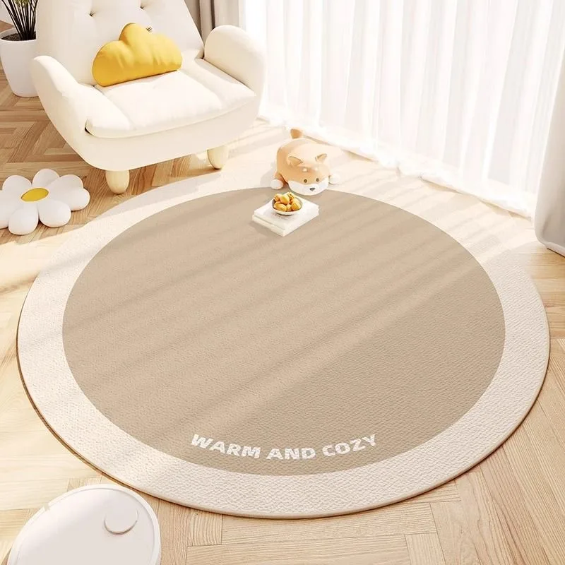 WARM AND COZY Printed Round Rug Beige Brown Border Soft Floor Mat for Nursery Living Room Home Decor Non-Slip Carpet