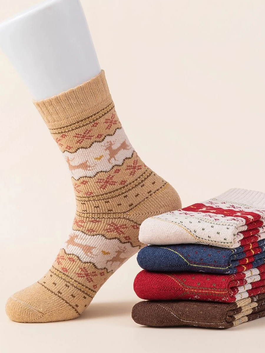 5 Paar Damen-Herbst-/Winter-Weihnachtssocken mit niedlichem Aufdruck, warm und bequem, mittellang