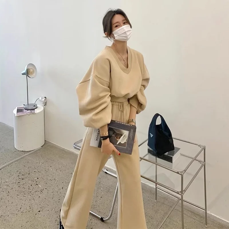 

Chic V-Ne ort Sve Fce Hoodie High Waist Wide Leg Casual Pants Two-Piece Set Women's Faion Autumn Winter Outfit