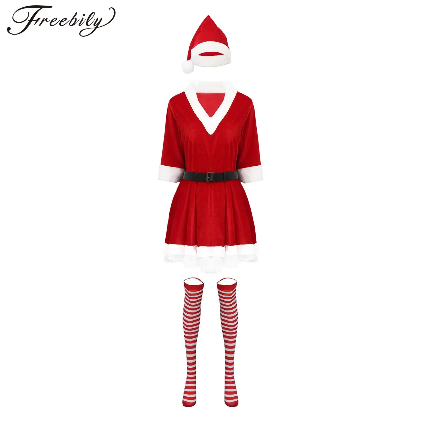 Dames Kerstavond Santa Claus Kleding Pluche Fluwelen Jurk Met Kerstmuts Riem Gestreepte Kousen Nieuwjaar Feest Cosplay Kostuum