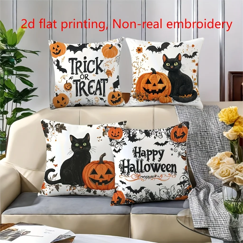 2D Flat Printing Halloween Throw Pillow Covers, Bat Pumpkin Black Cat Pattern Decorative Cushion Cases, Beautiful Practical Sof