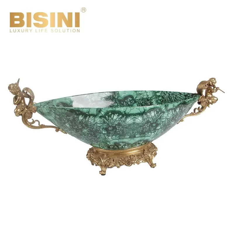 Modern Emerald Marble Green Copper-plated Handicraft Fruit Bowl for Living Room Table Decoration
