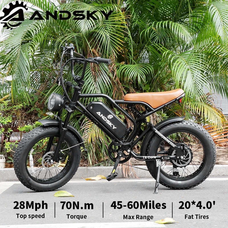 ANDSKY T8 Core Electric Bike 1500W Peak Motor 48V 16Ah Battery Adults Electric Bicycle 28MPH 60Miles Long Range 20"x4" All-Terrain Fat Tires 7-Speed Mountain Motorcycle E-bike