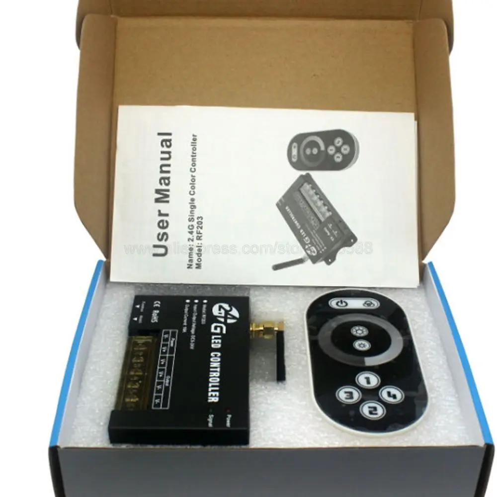 RF203 2.4G Wireless LED Dimmer Controller with Touch Remote for SMD3528 5050 LED Strip Brightness Adjustable Dimmer Controller