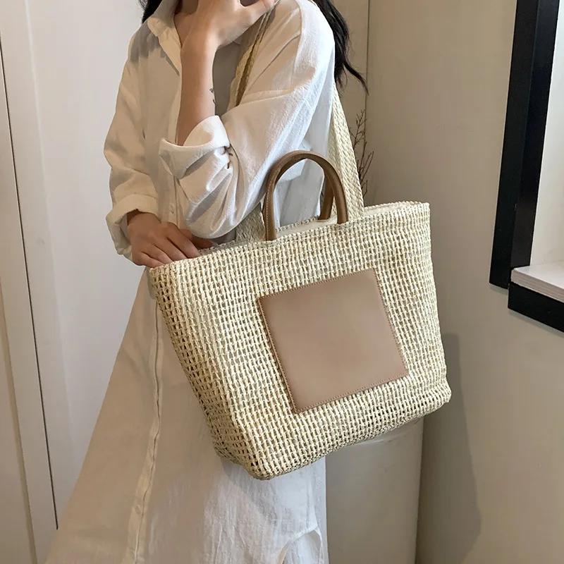 Casual Large Capacity Straw Tote Bag Hollow Paper Weave Women Shoulder Bags Handmade Summer Beach Handbag Big Bali Shopper Purse