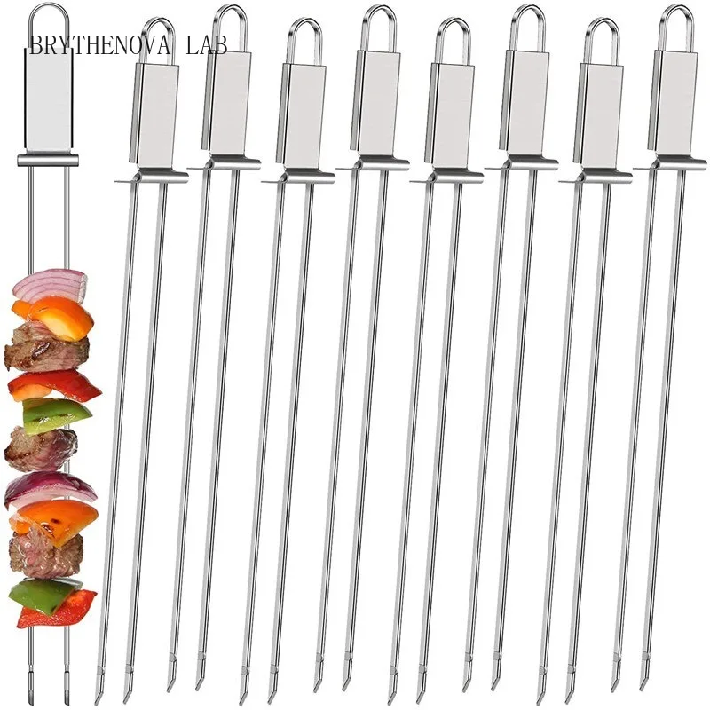 6PCS 2- Semi-automatic Barbecue Fork BBQ Tools Outdoor Portable Camping Picnic 2-Head Fork BBQ Equipment Metal Skewers
