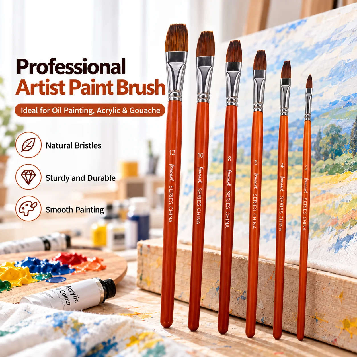 6 Piece Filbert Paint Brush Set Red Wood Long Handles Brown Bristles for Oil Acrylic Gouache Watercolor Artist Painting Supplies
